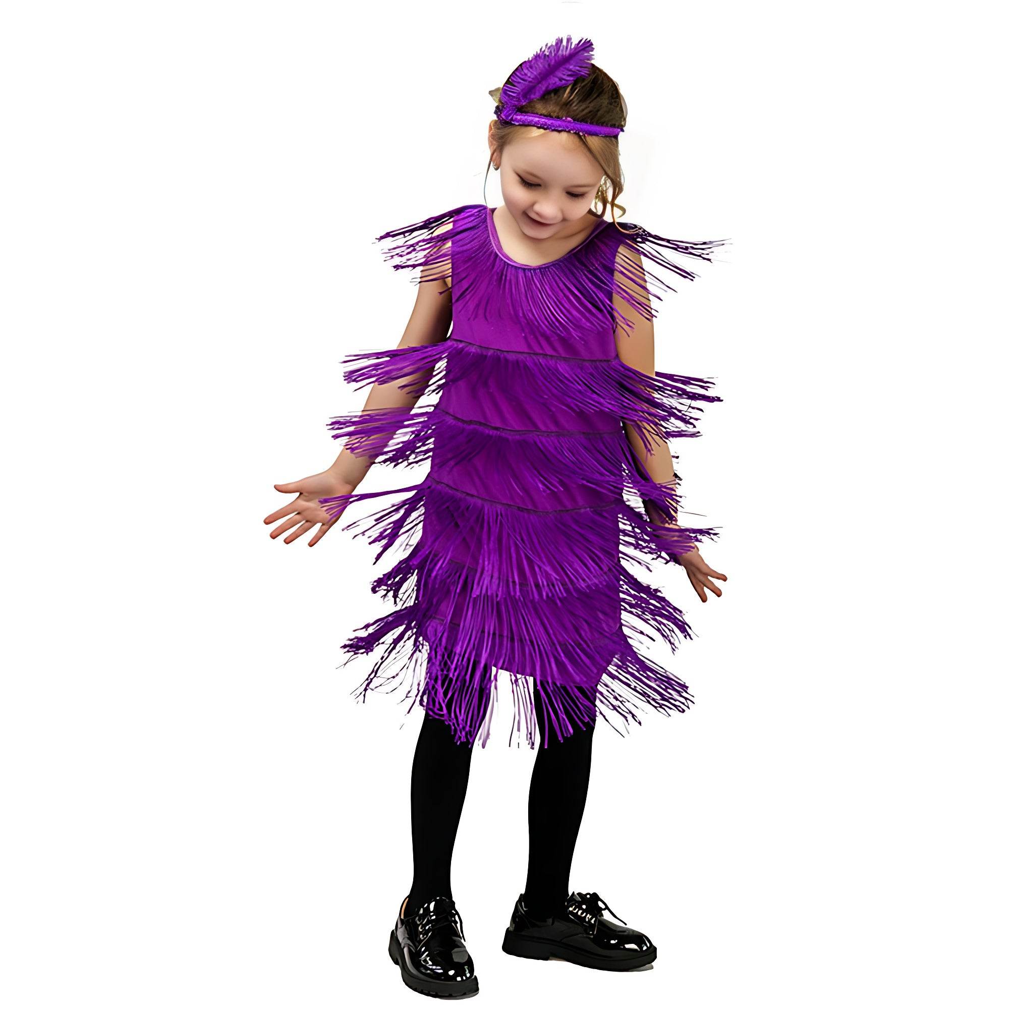 1920s Kids girls Retro Latin dance Party costume tassel Dress - Azufun