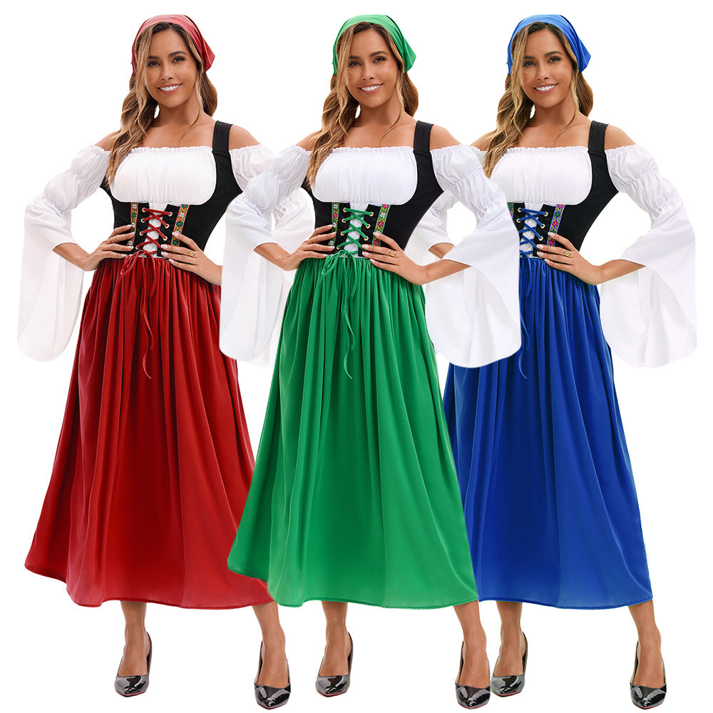 Medieval Farm Maid Oktoberfest Long Dress Costume for Women - Azufun