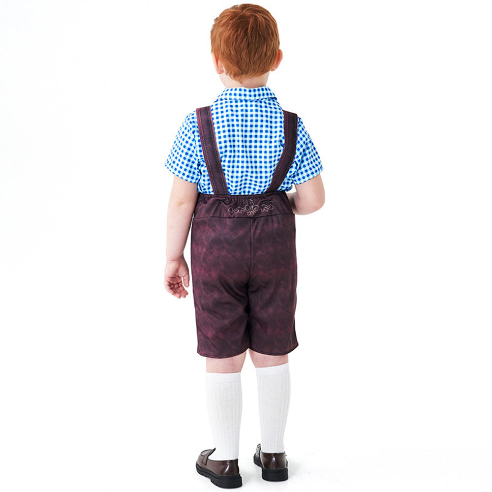 Boy Oktoberfest Costume Set Overalls with plaid shirt socks Halloween - Azufun