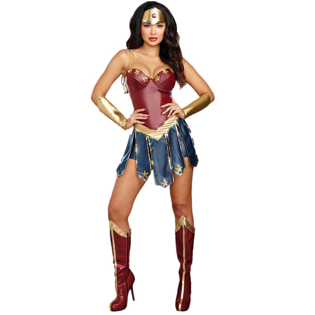 Deluxe Adults Ladies Wonder Woman Fancy Dress Halloween Superhero Costume - Azufun
