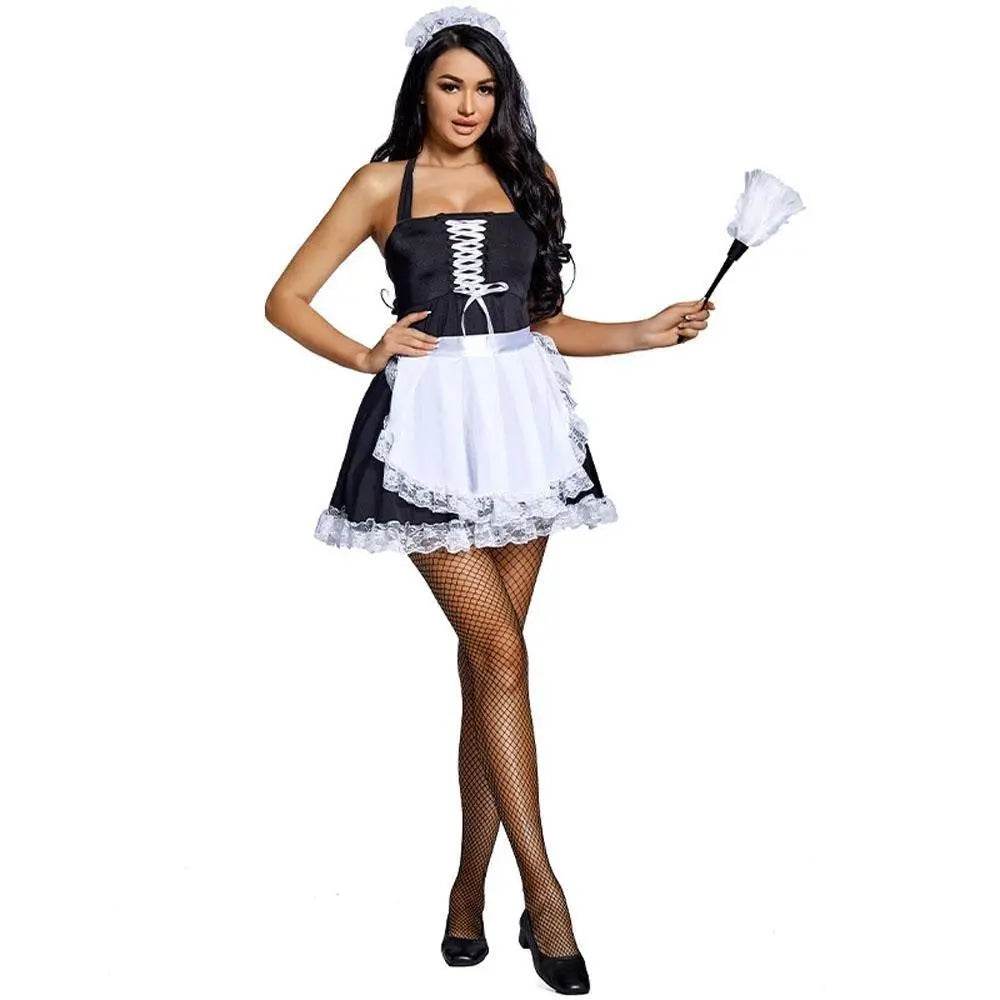 Black and white suspenders Japanese style maid Costume work clothes housekeeper lace short skirt - Azufun