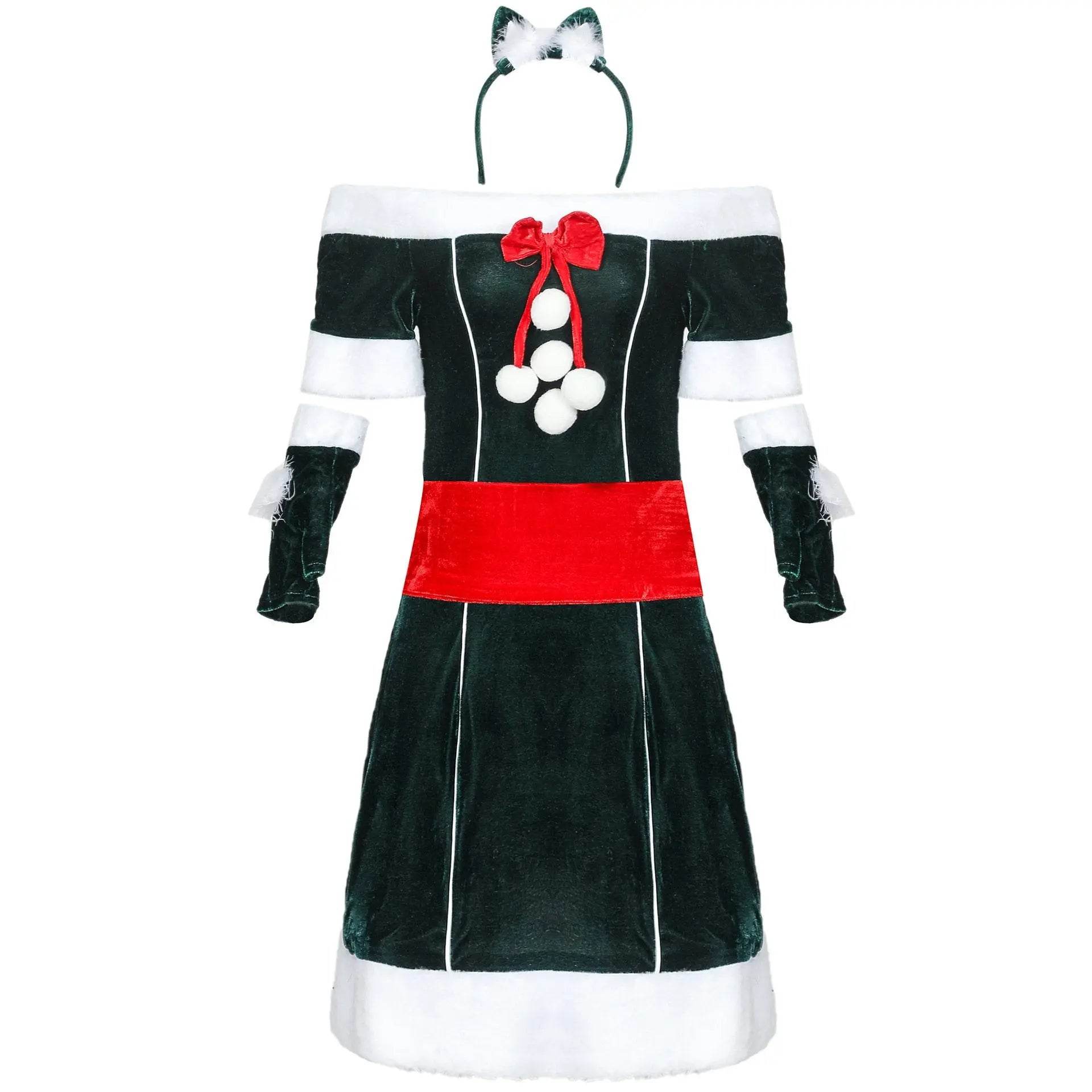 Christmas Off Shoulder Cute Cat Costumes Party Dress - Azufun