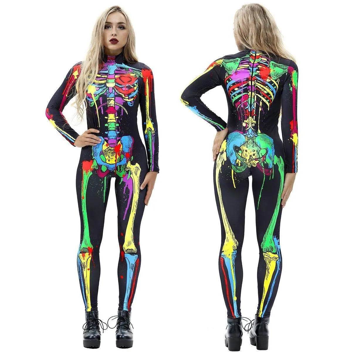 Coloful Skull Halloween Cosplay Costume Bodycon Jumpsuit for Women - Azufun