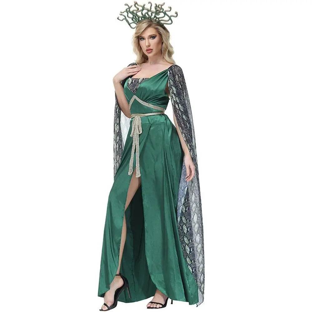 Dark green snake print slit dress mythical siren Medusa dress Halloween Costumes for adult - Azufun