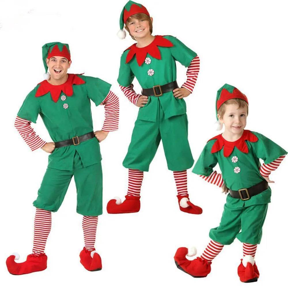 Family Matching Costume Christmas Suit Green Elf Santa Claus Outfits - Azufun