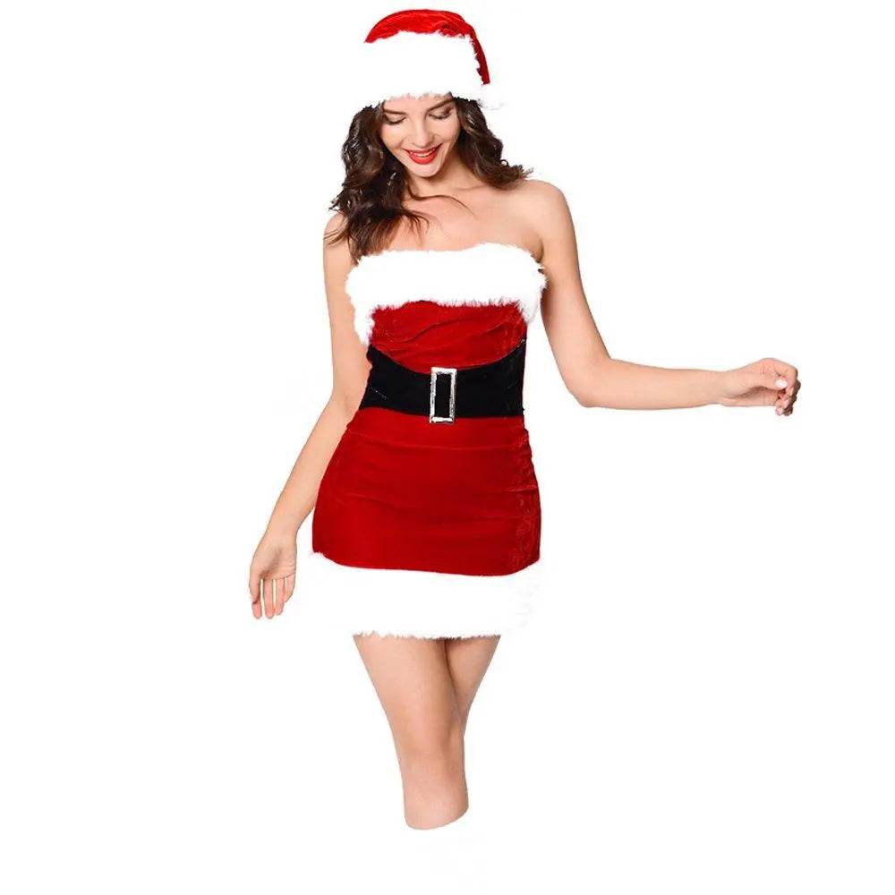 Furry Christmaas Sexy Red Costume Tube Dresses with Chirstmas Hat For Adult - Azufun