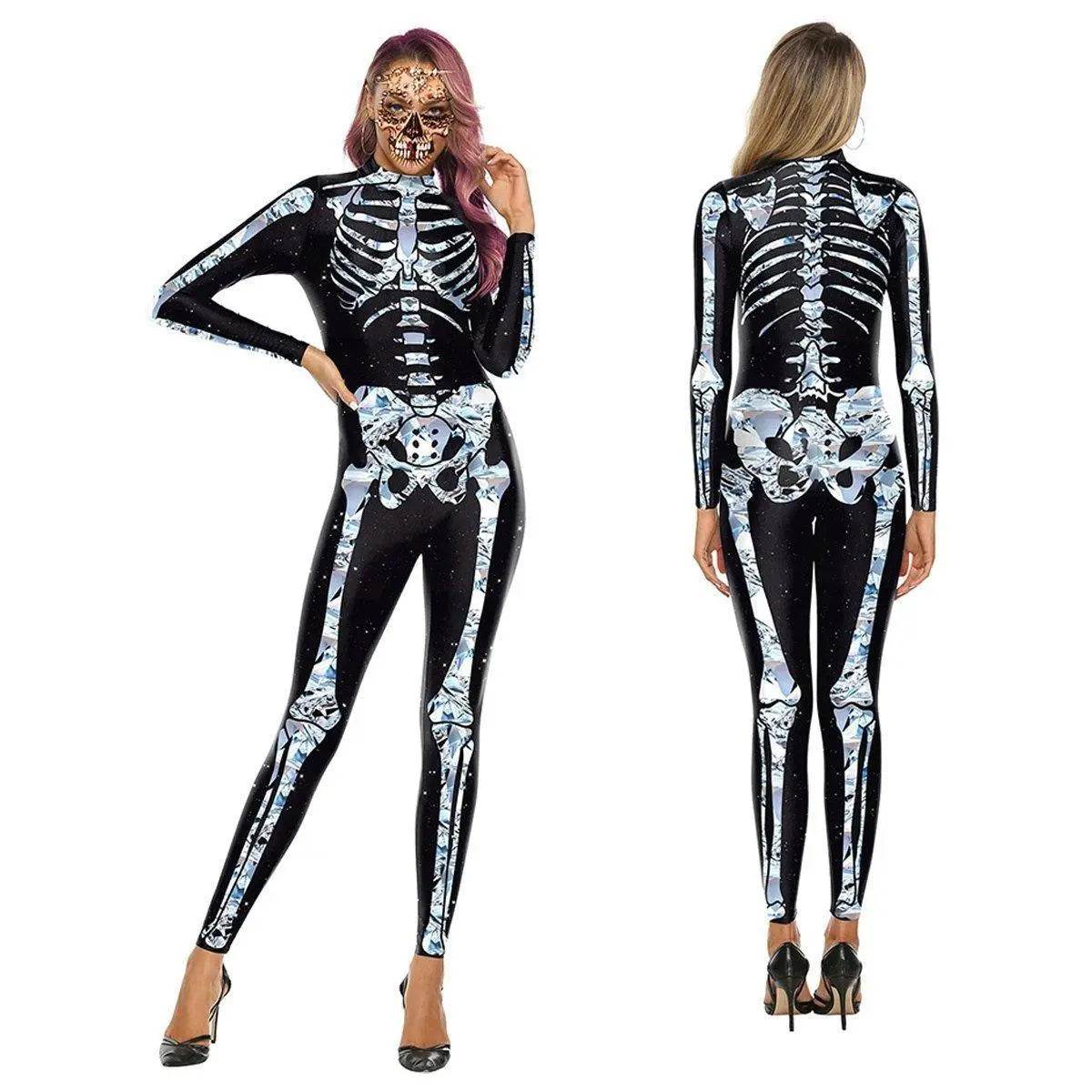 Halloween White Skeleton Elastic Bodycon Jumpsuit Cosplay Costume - Azufun