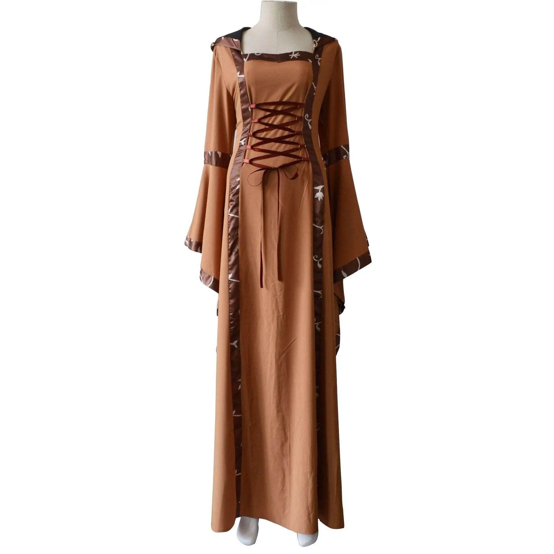 Medieval Retro Hooded Dress Costume Square Neck Tie Trumpet Sleeves Big Swing Skirt - Azufun