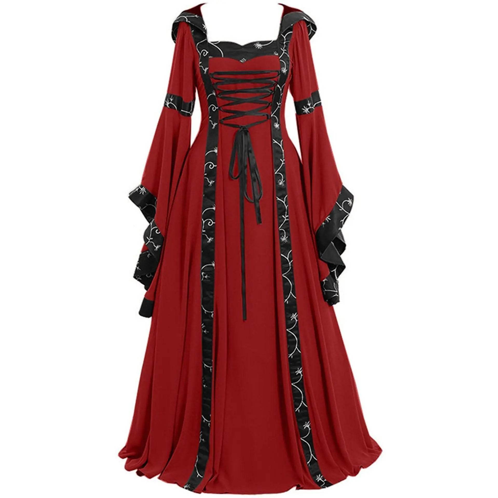Medieval Retro Hooded Dress Costume Square Neck Tie Trumpet Sleeves Big Swing Skirt - Azufun