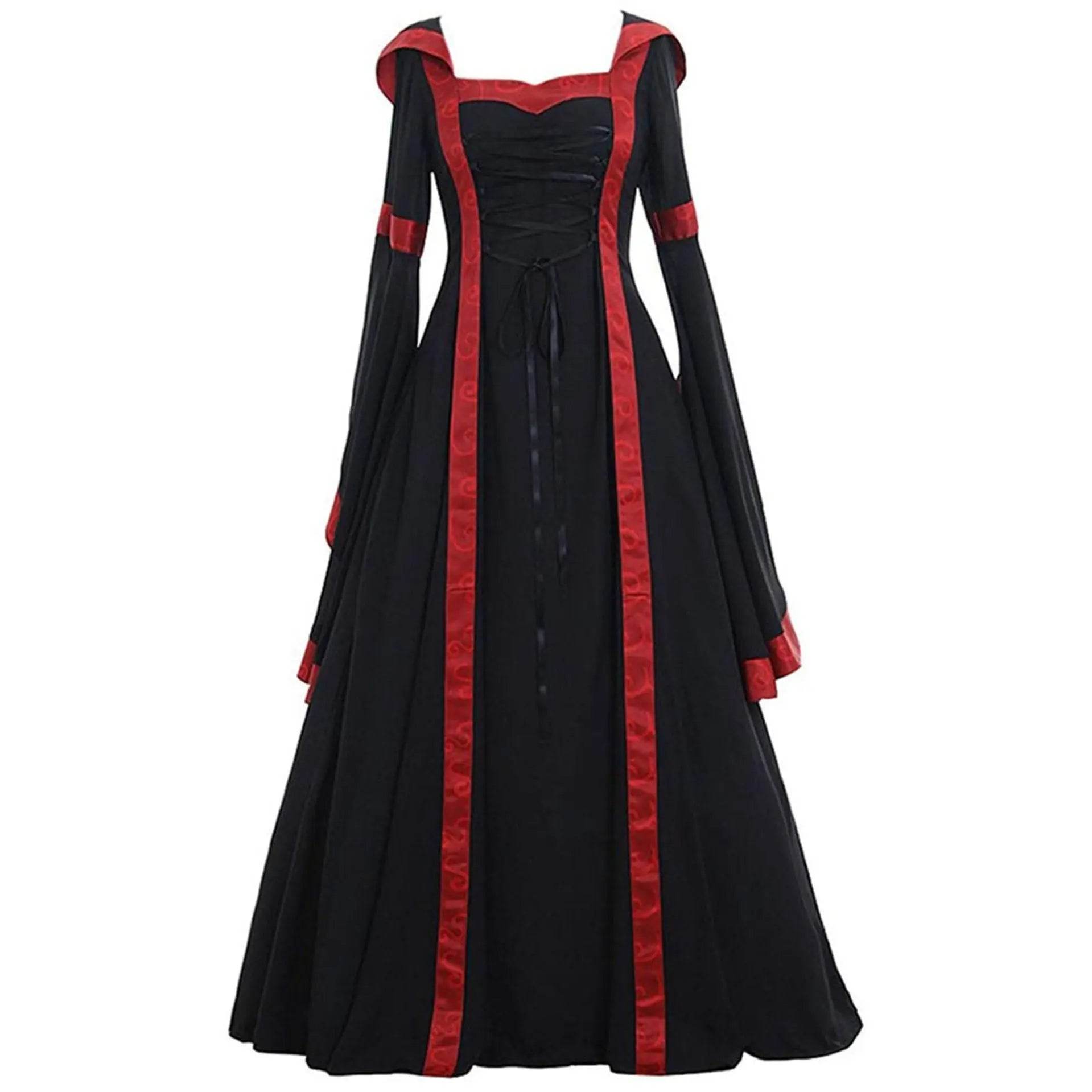 Medieval Retro Hooded Dress Costume Square Neck Tie Trumpet Sleeves Big Swing Skirt - Azufun