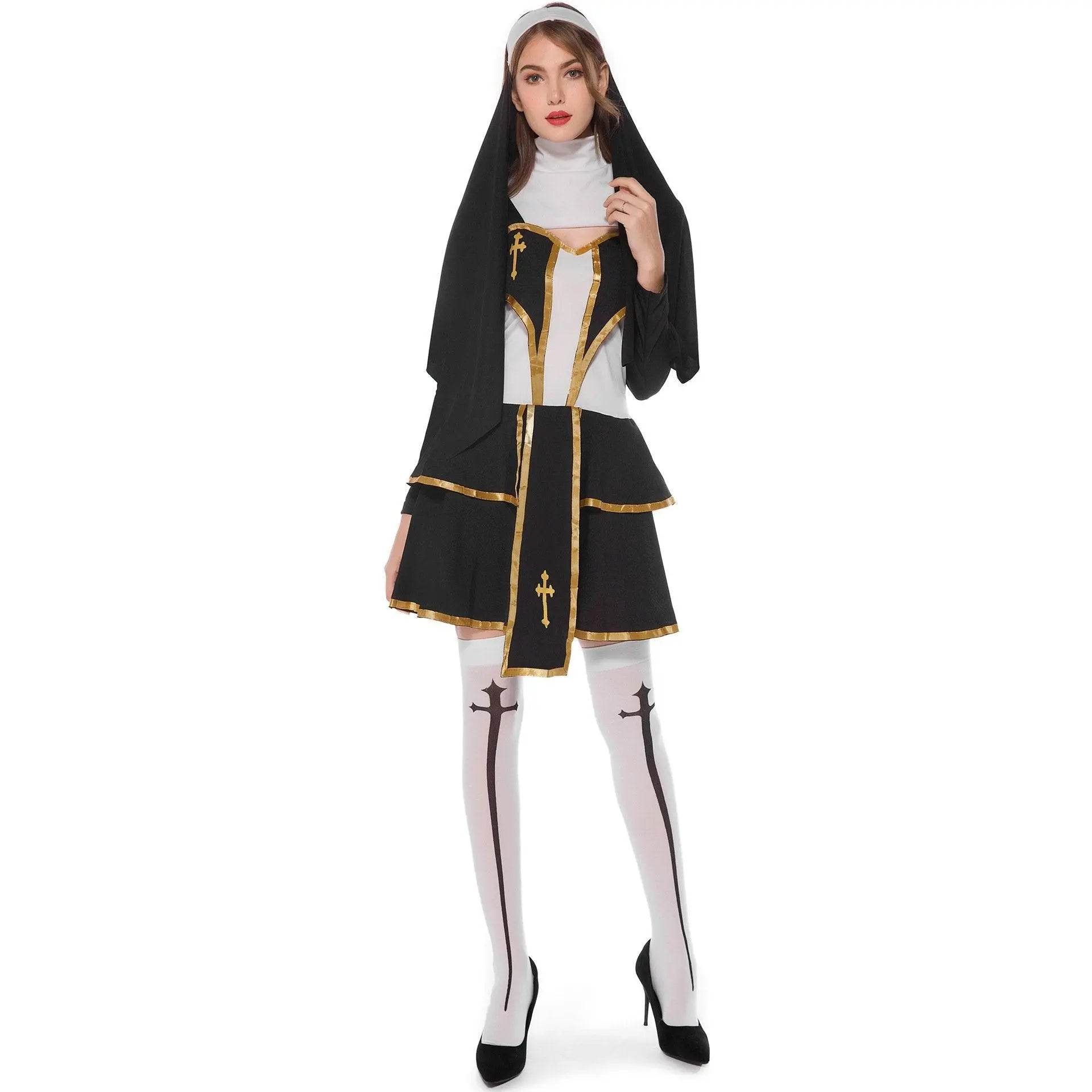 Pastor Fr Nun Couples Costume Halloween Outfits Cosplay Party Carnival - Azufun