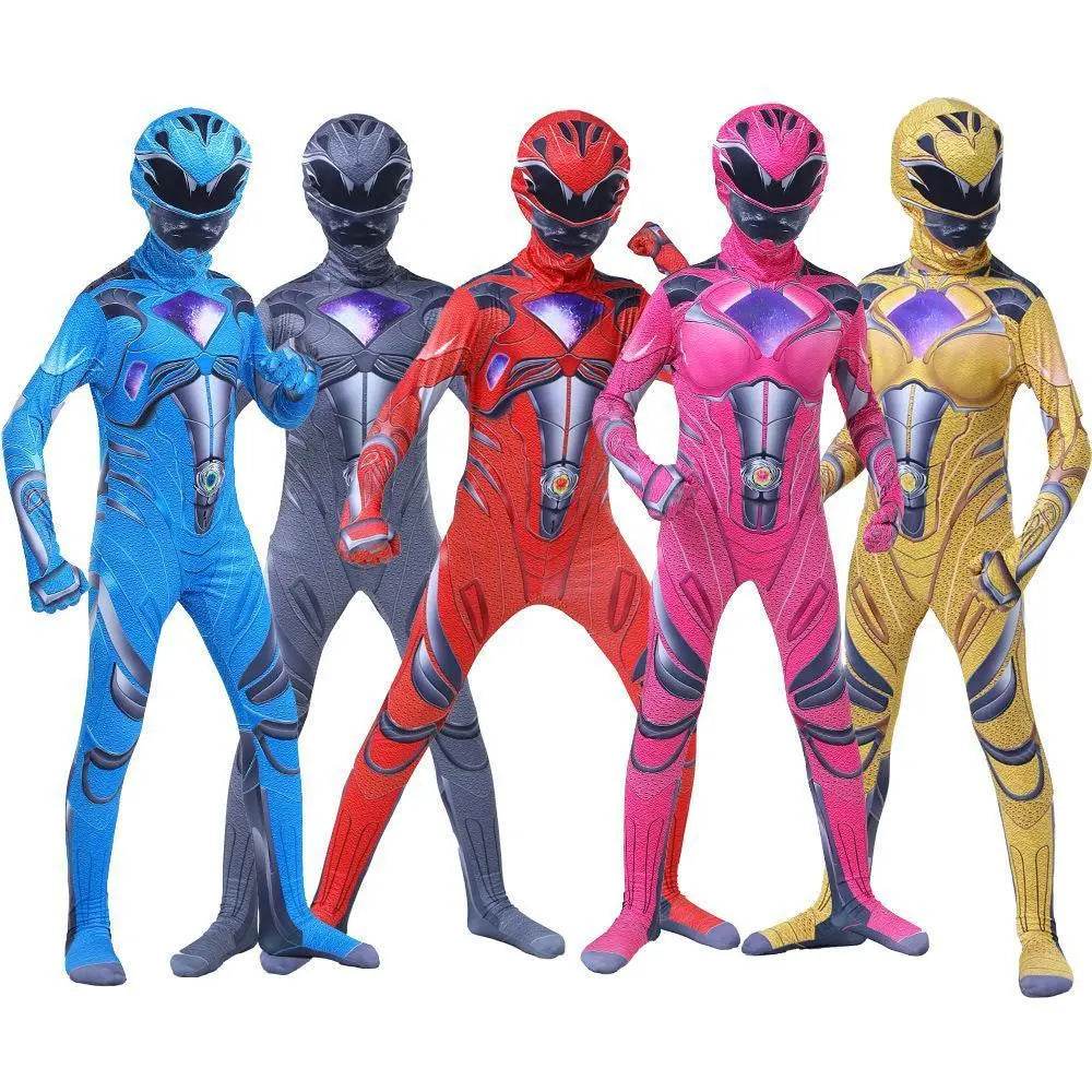 Power Rangers Cosplay Costume Dinosaur Suit Halloween Superhero Jumpsuit Outfit Dress Up For Kids Adult - Azufun