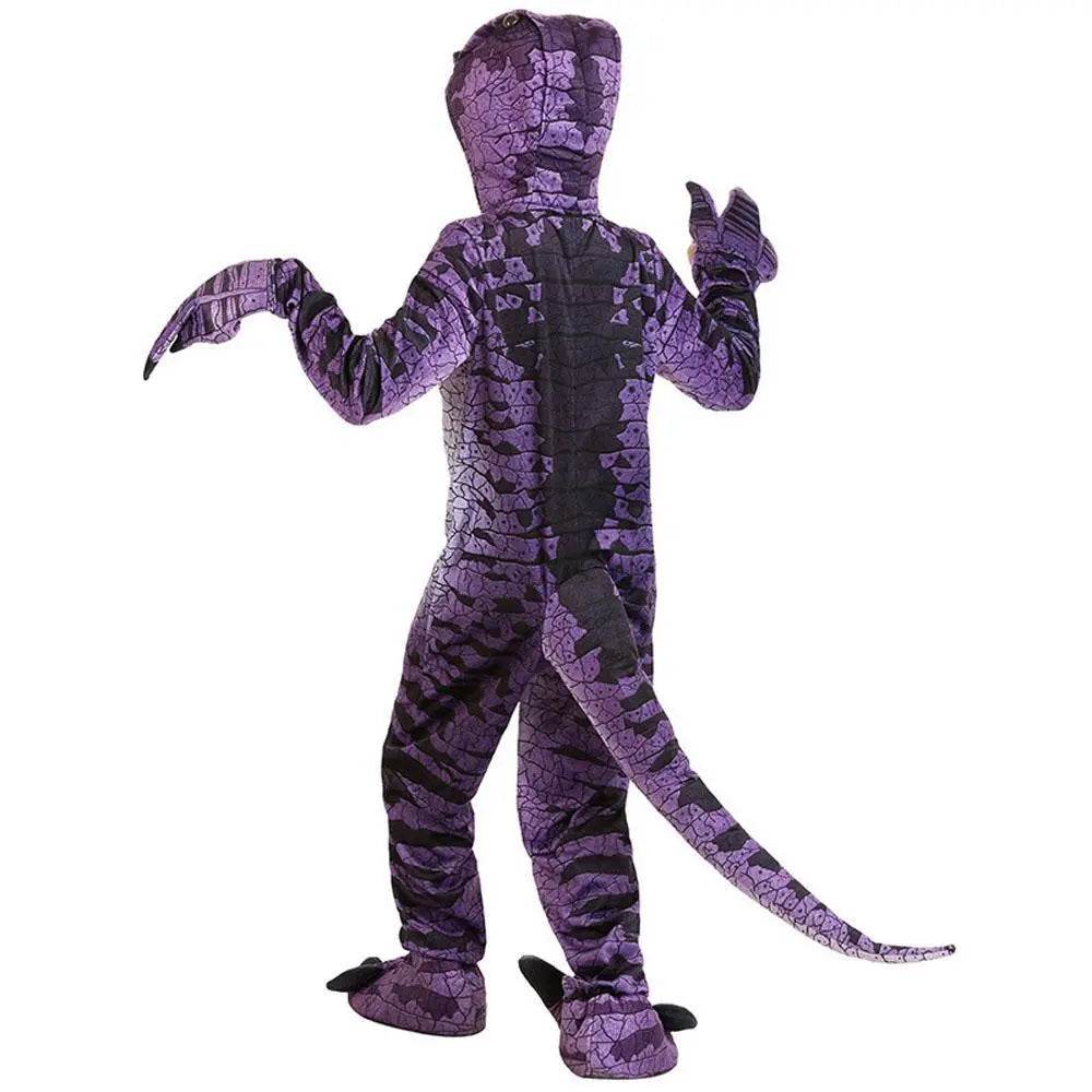 Ravenous Raptor Dinosaur Cosplay Costume Purple Hooded Jumpsuit Outfit Halloween for Kids - Azufun