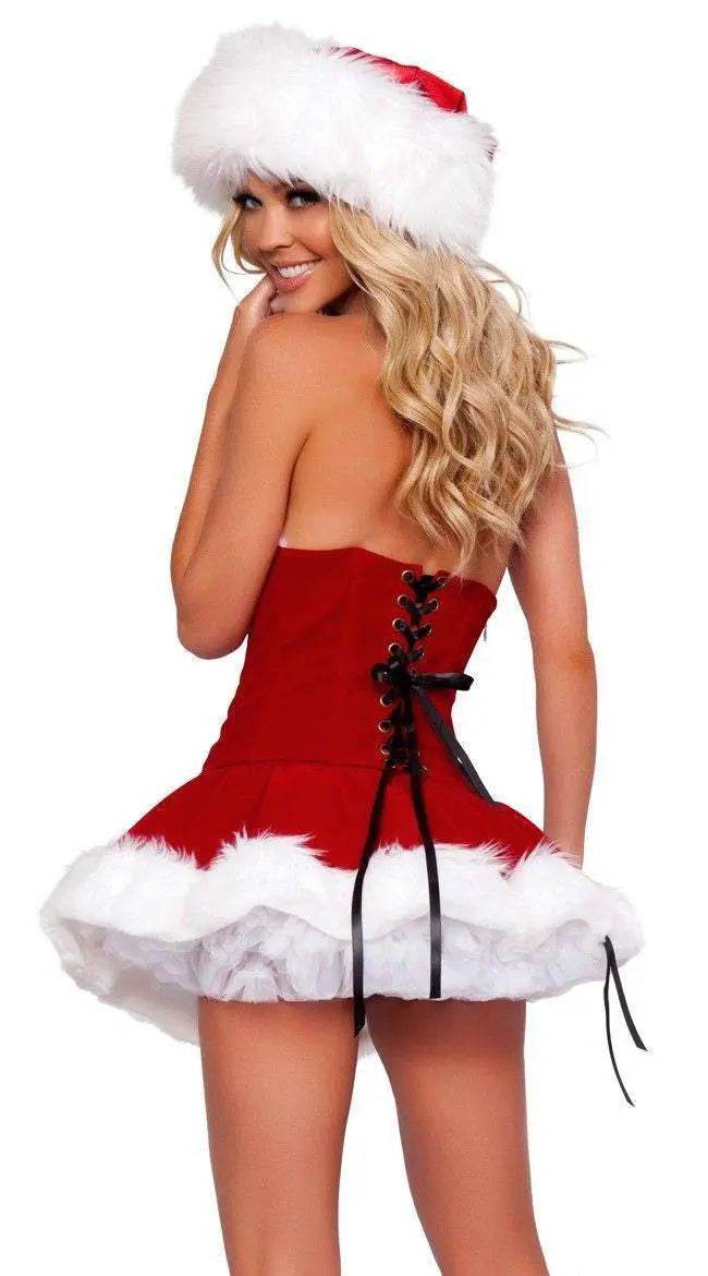Red Christmas Party Dress Costume Xmas Hat White White Fur Cosplay - Azufun