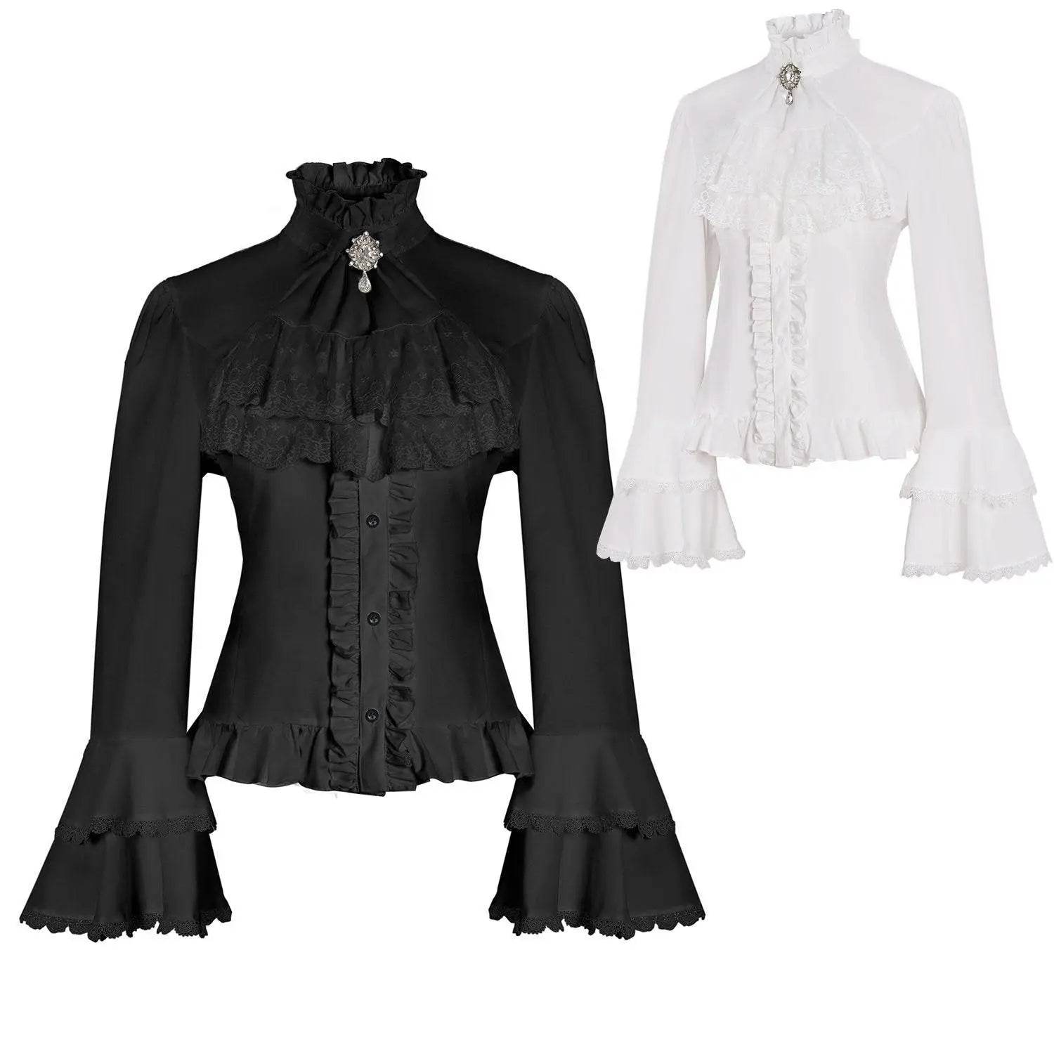 Women's Lolita Palace Retro Blouse Long Bell Sleeve Ruffled Shirt - Azufun