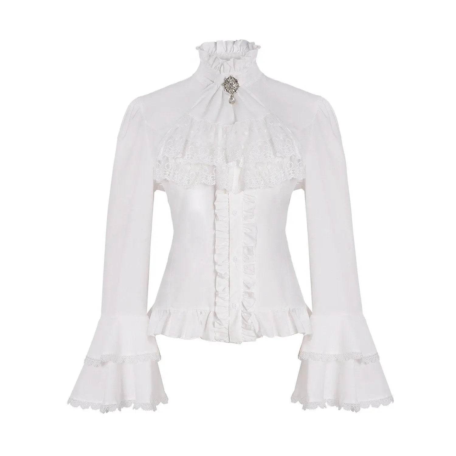 Women's Lolita Palace Retro Blouse Long Bell Sleeve Ruffled Shirt - Azufun