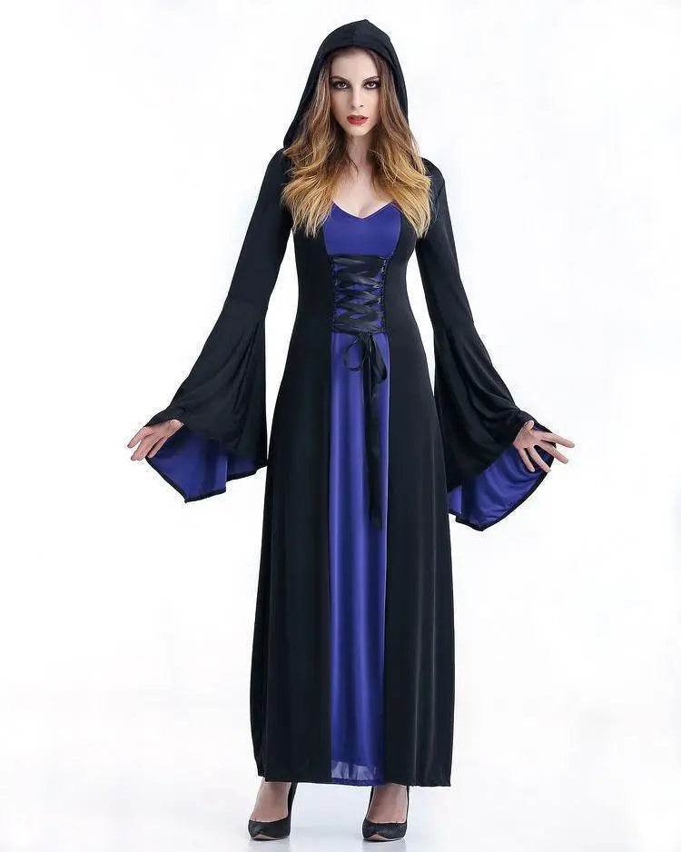 Women's Medieval Vintage Demon Hooded Witch Dress Cosplay Costume Halloween Renaissance Gothic - Azufun