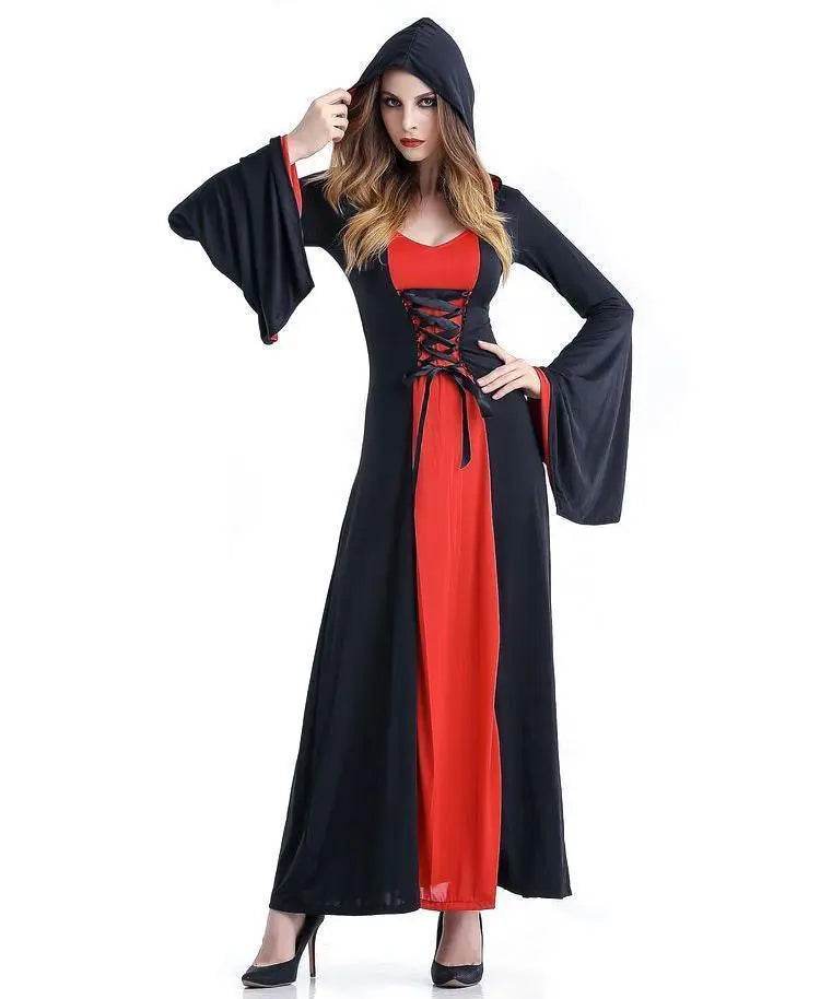Women's Medieval Vintage Demon Hooded Witch Dress Cosplay Costume Halloween Renaissance Gothic - Azufun