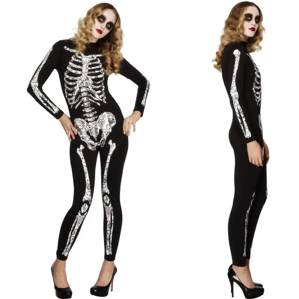 Women's Spandex Printed Skull Skeleton Costume Catsuit Halloween - Azufun