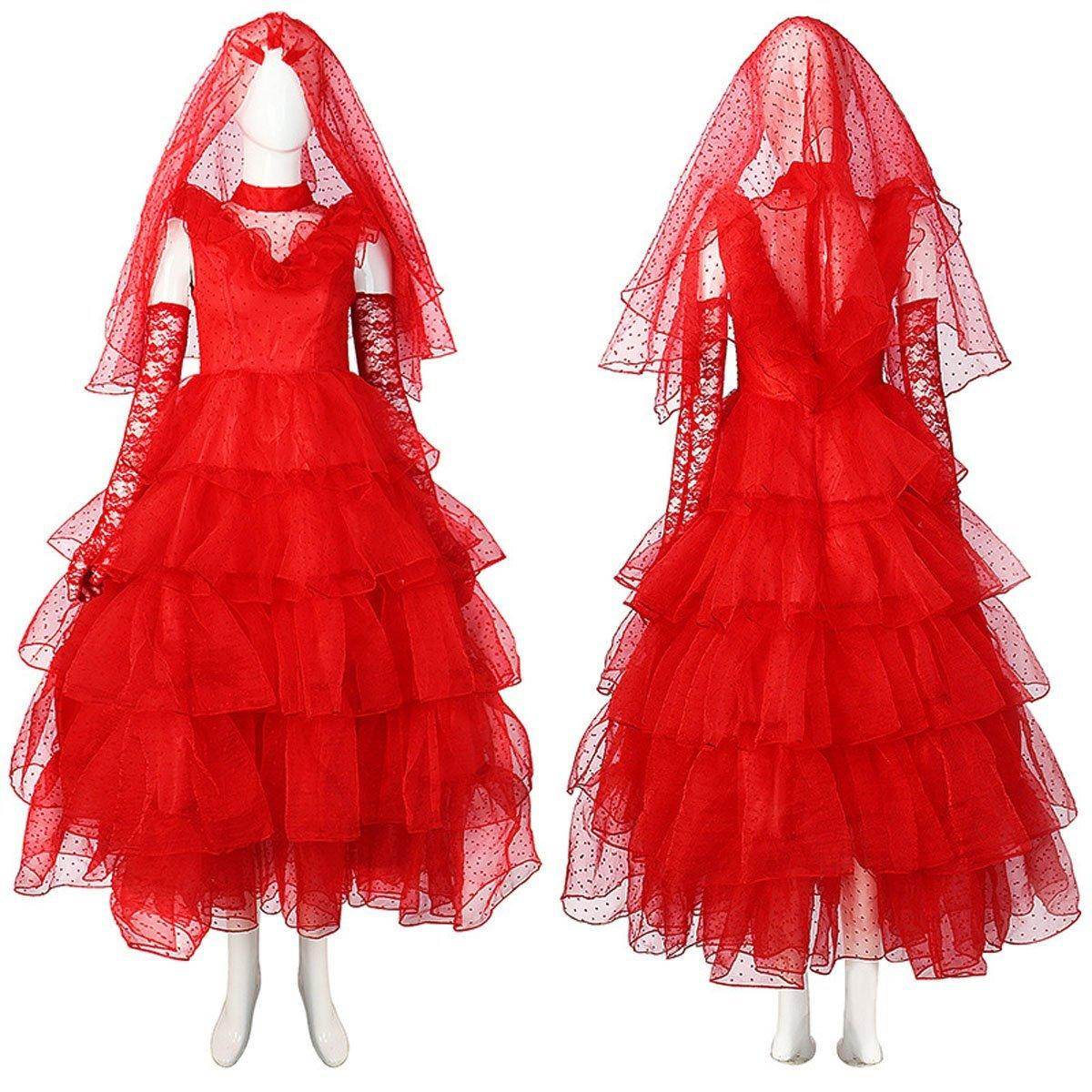Beetlejuice Lydia Deetz Red wedding Dress Halloween Cosplay Costume For Women - Azufun