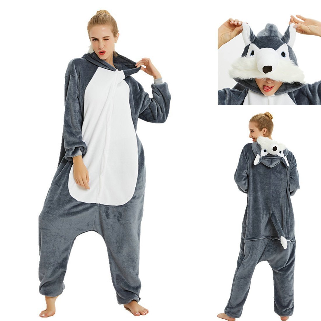 BuyBlack Husky Dog Kigurumi Onesies Pajamas Costume for Adult Now Cheaper With 3 - 5 Days Ship - PajamasBuy
