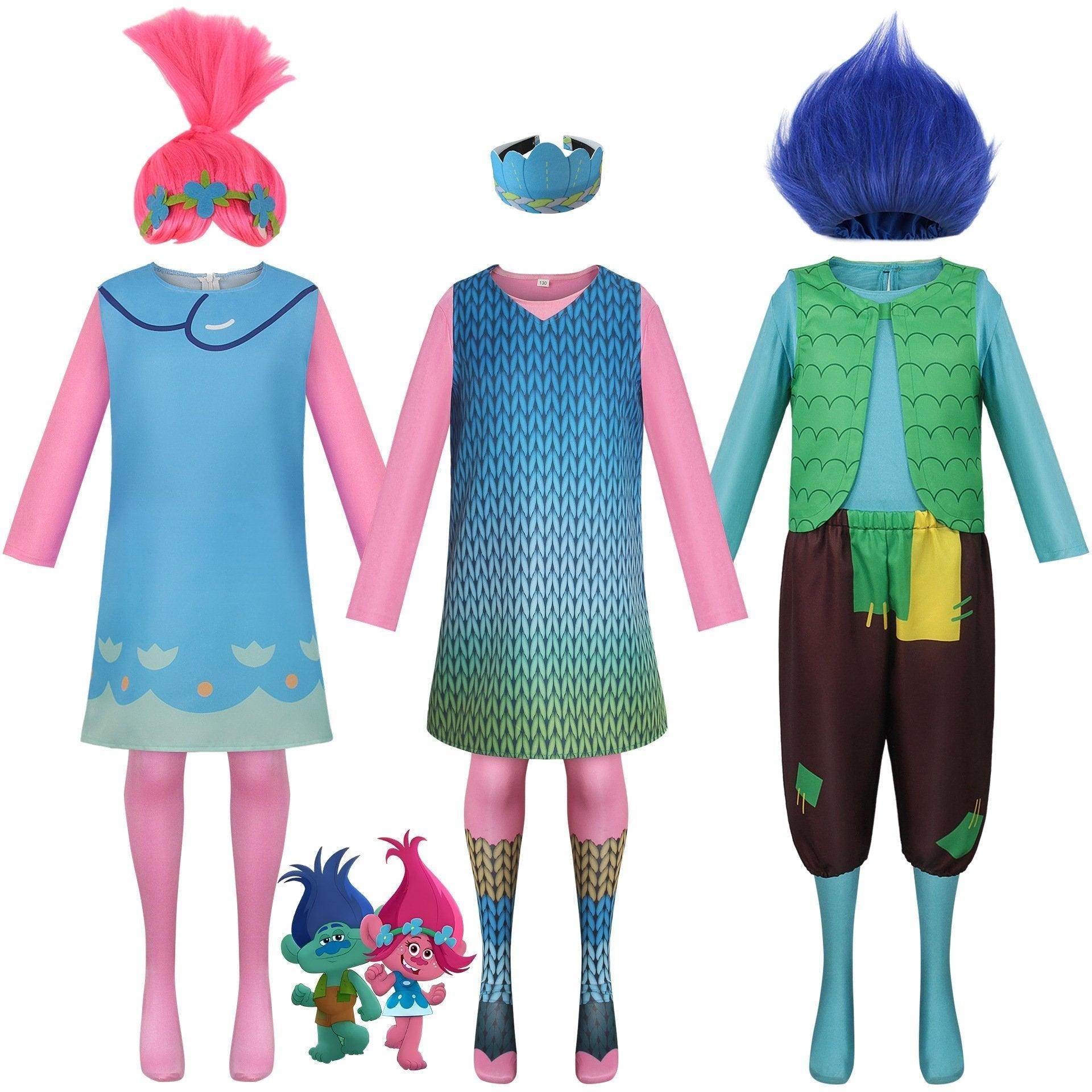 Girl Poppy Dress And Boy Branch Costume Wig Trolls 2 World Tour Cosplay For Kids Adult - Azufun