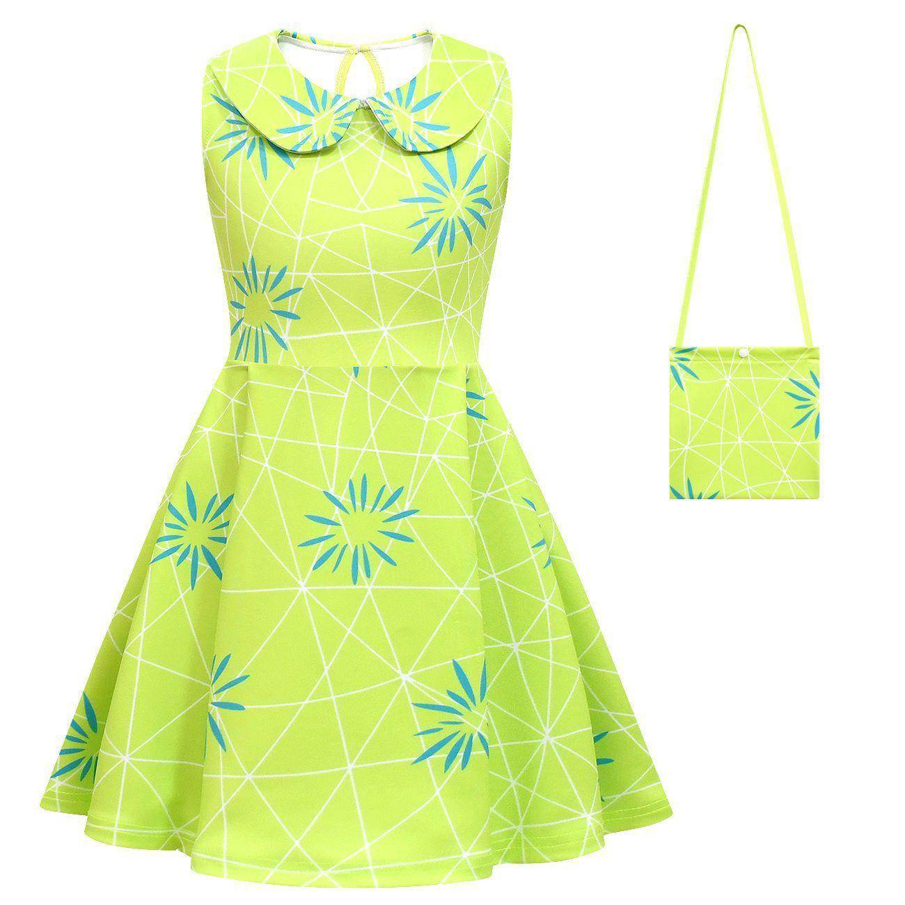 Inside Out Joy Costume Collared Dress for Girls Sleeveless Dress with Bag - Azufun