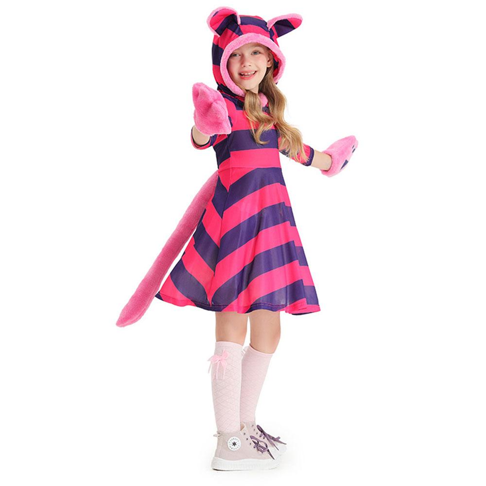 Purple Striped The Cheshire Cat Dress Halloween Outfits Carnival Cosplay Costume For Kids