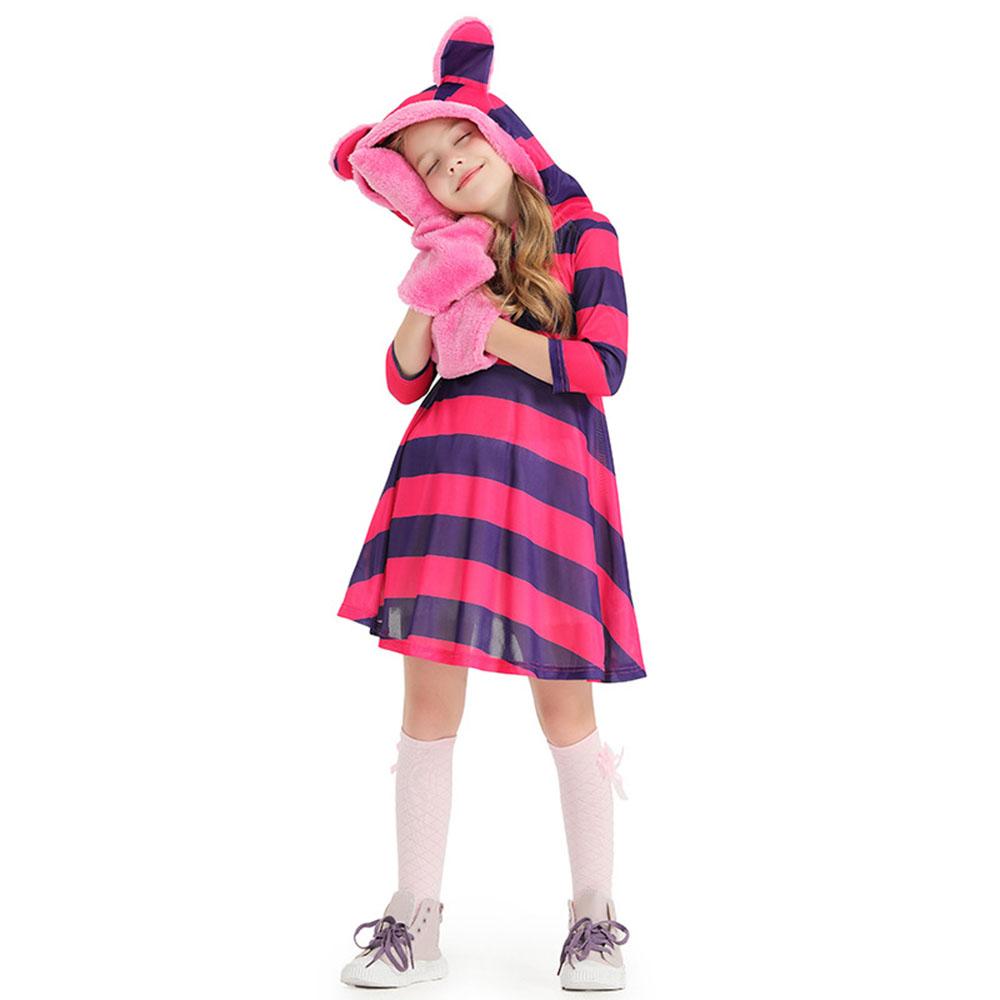 Purple Striped The Cheshire Cat Dress Halloween Outfits Carnival Cosplay Costume For Kids