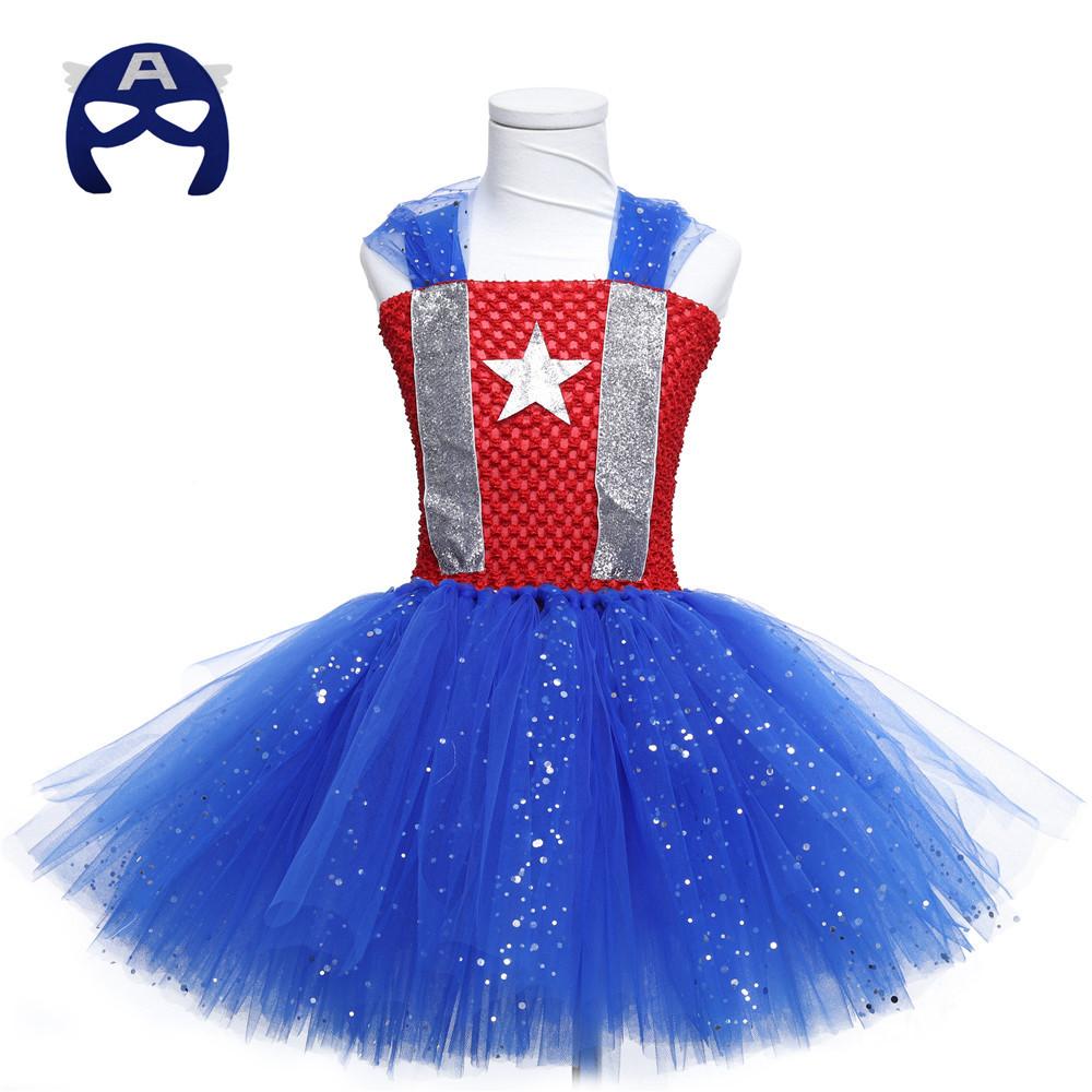 Captain America Superhero Cosplay Costume Kids Princess Dress Halloween Birthday Party for Girls
