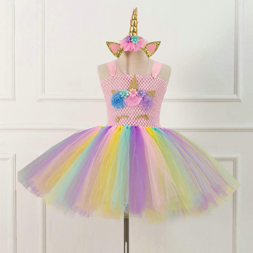 Mesh Handwork with Headgear Unicorn Party Tutu Dress for Girl
