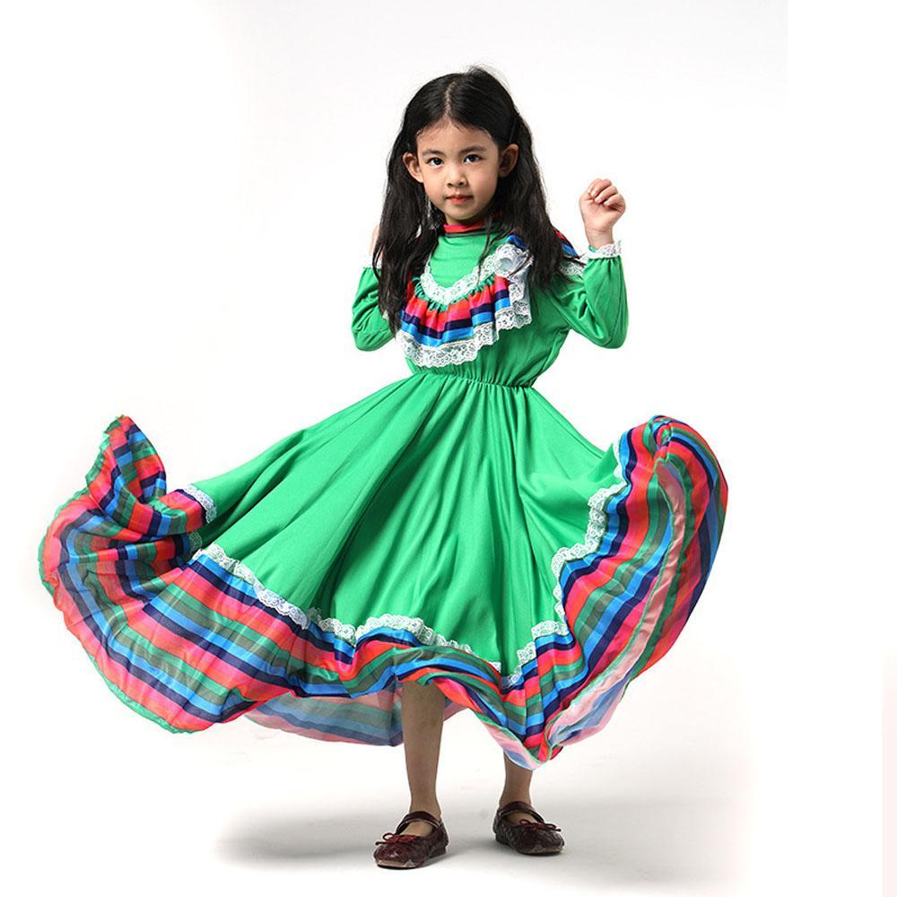 Bright Traditional Mexican Folk Costume Dance Big Swing Dress Stage Performance Skirt for Girls