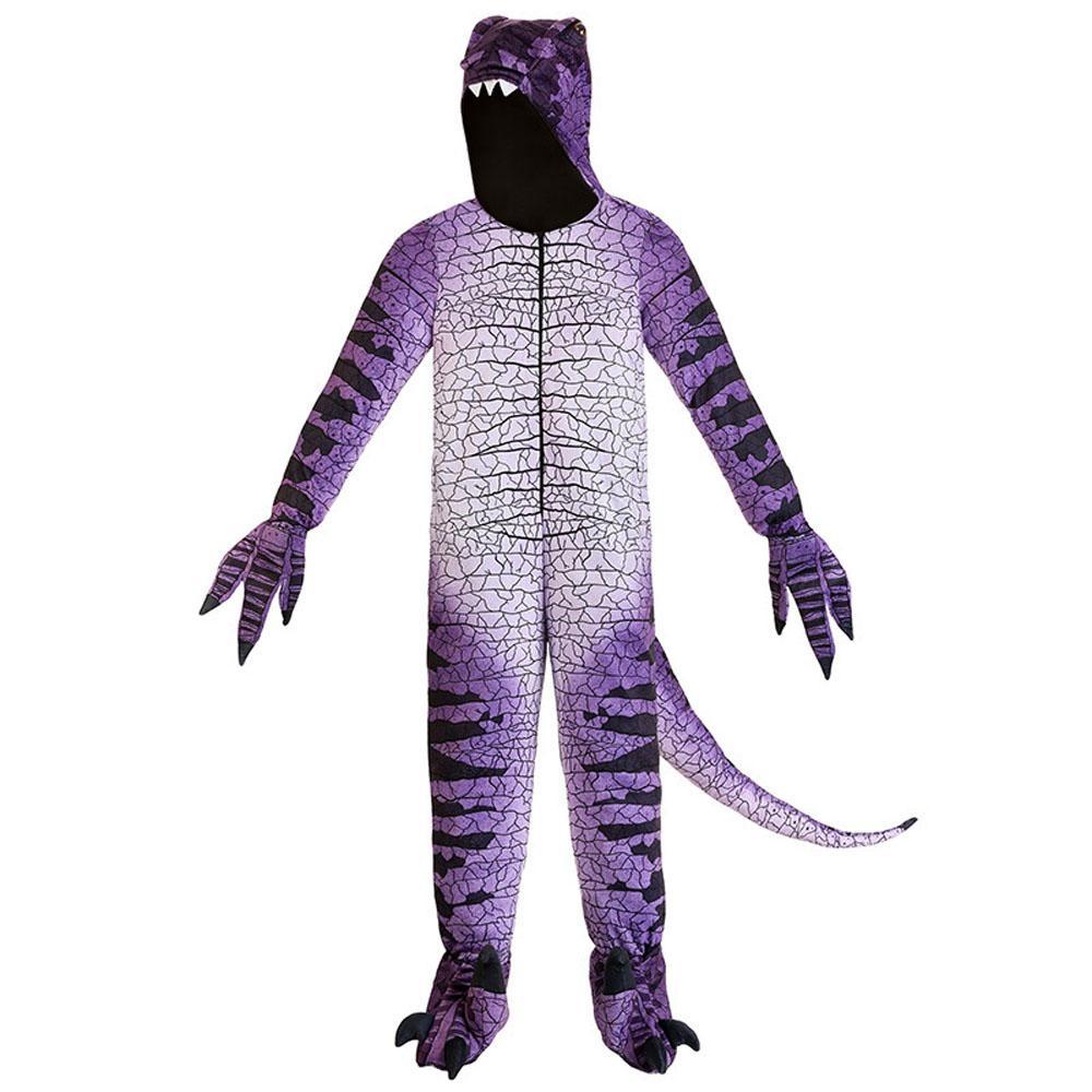 Ravenous Raptor Dinosaur Cosplay Costume Purple Hooded Jumpsuit Outfit Halloween for Kids