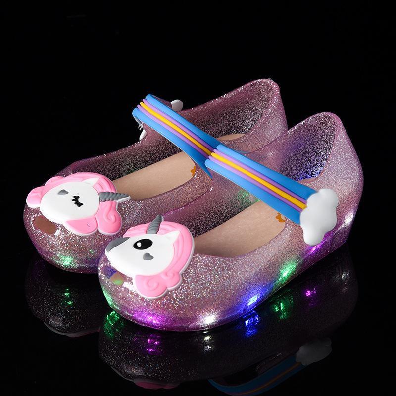 Led Unicorn Shoes Kids Glitter Shoes Mary Jelly Flats Shoes For Girls