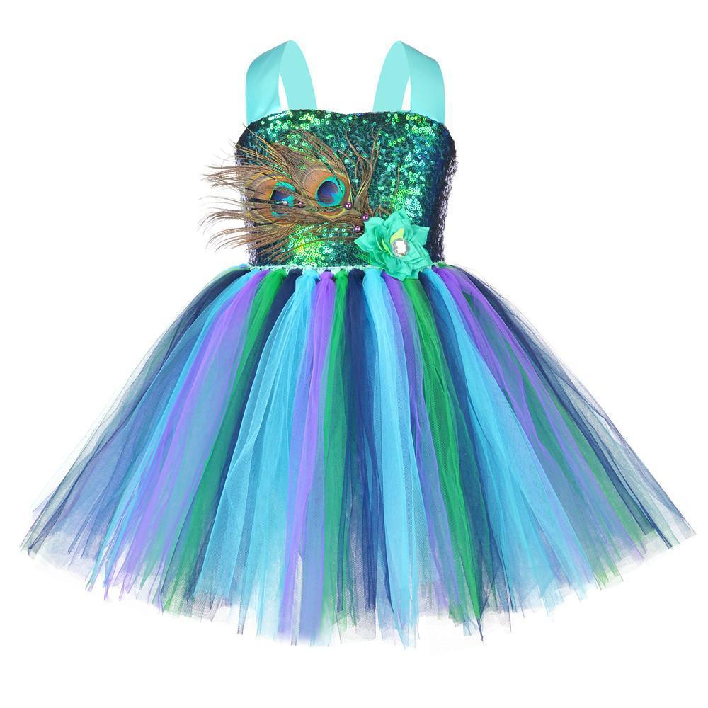 Kids Sequin Peacock Feather Costume Girls Easter Carnival Party Dress