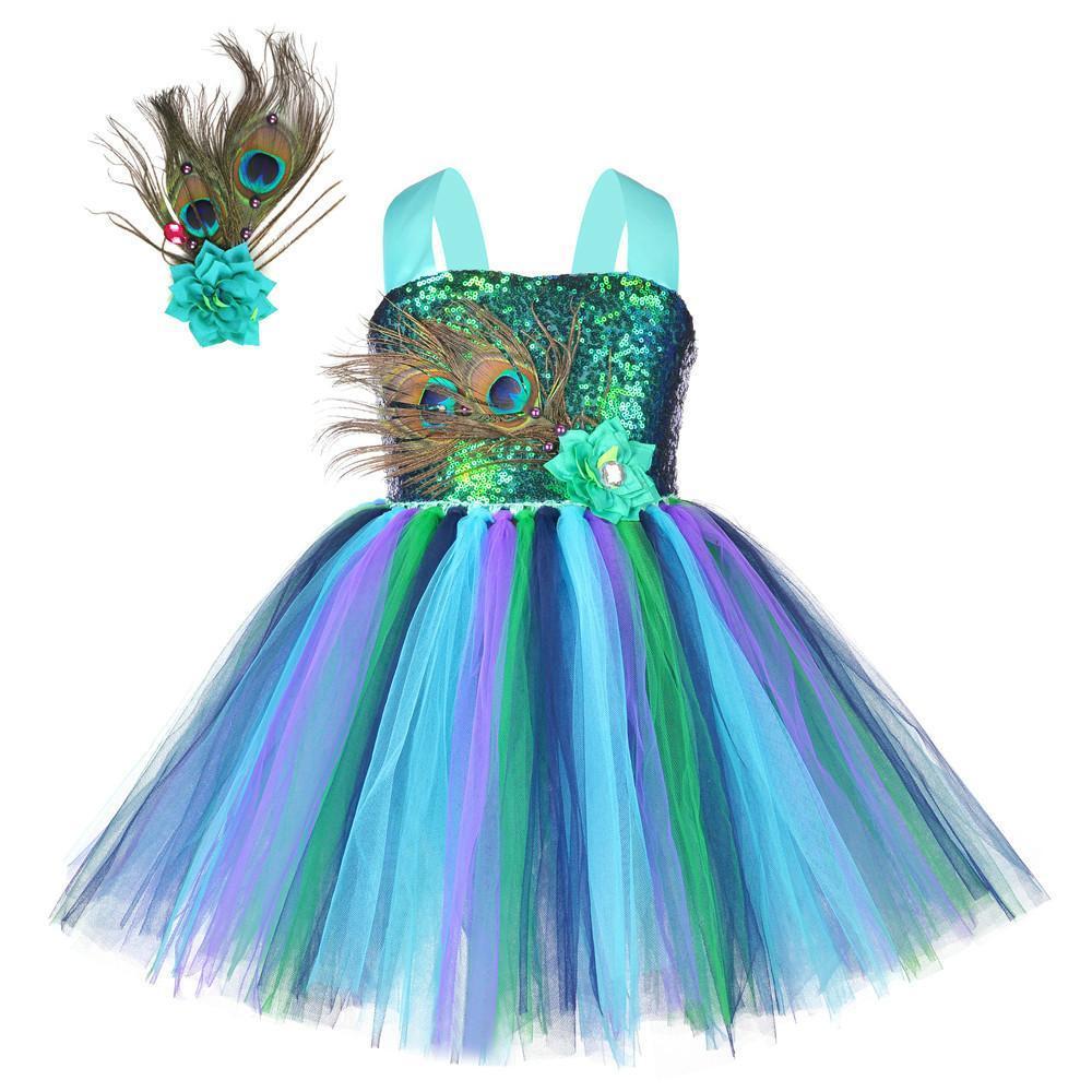 Kids Sequin Peacock Feather Costume Girls Easter Carnival Party Dress