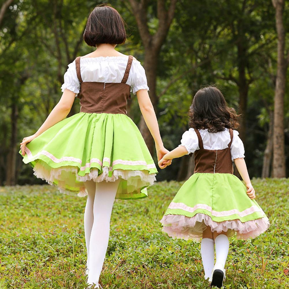 Grass green performance cosplay costumes dress for mom and me