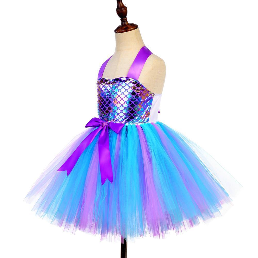 Kids Mermaid Tutu Birthday Party Mermaid Costume Sequins Blue Dress