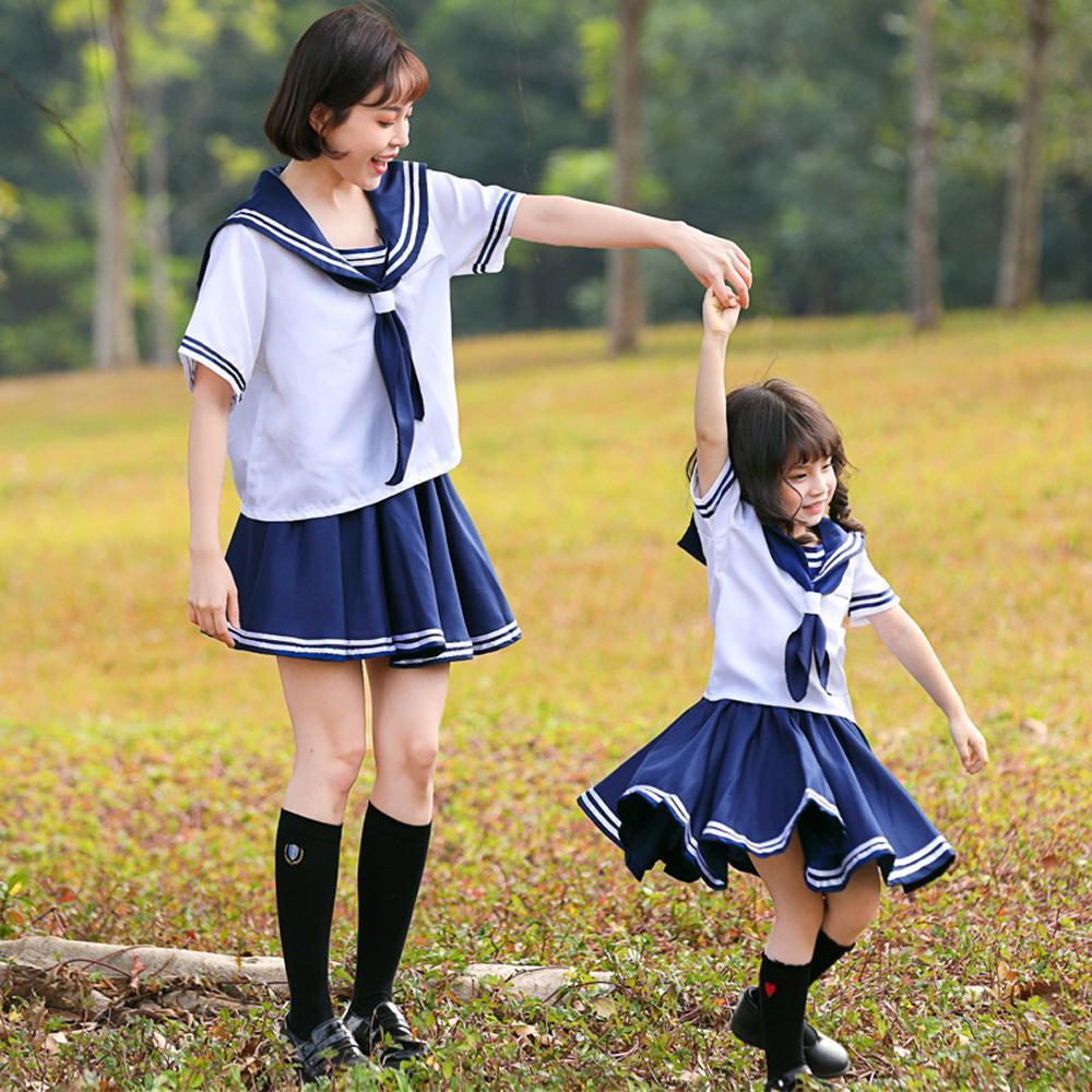Japanese JK school uniform sailor cosplay navy tricolor bow tie Dress for Mom and Me