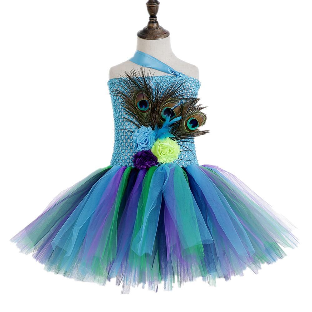 Kids Sequin Peacock Feather Costume Girls Easter Carnival Party Dress