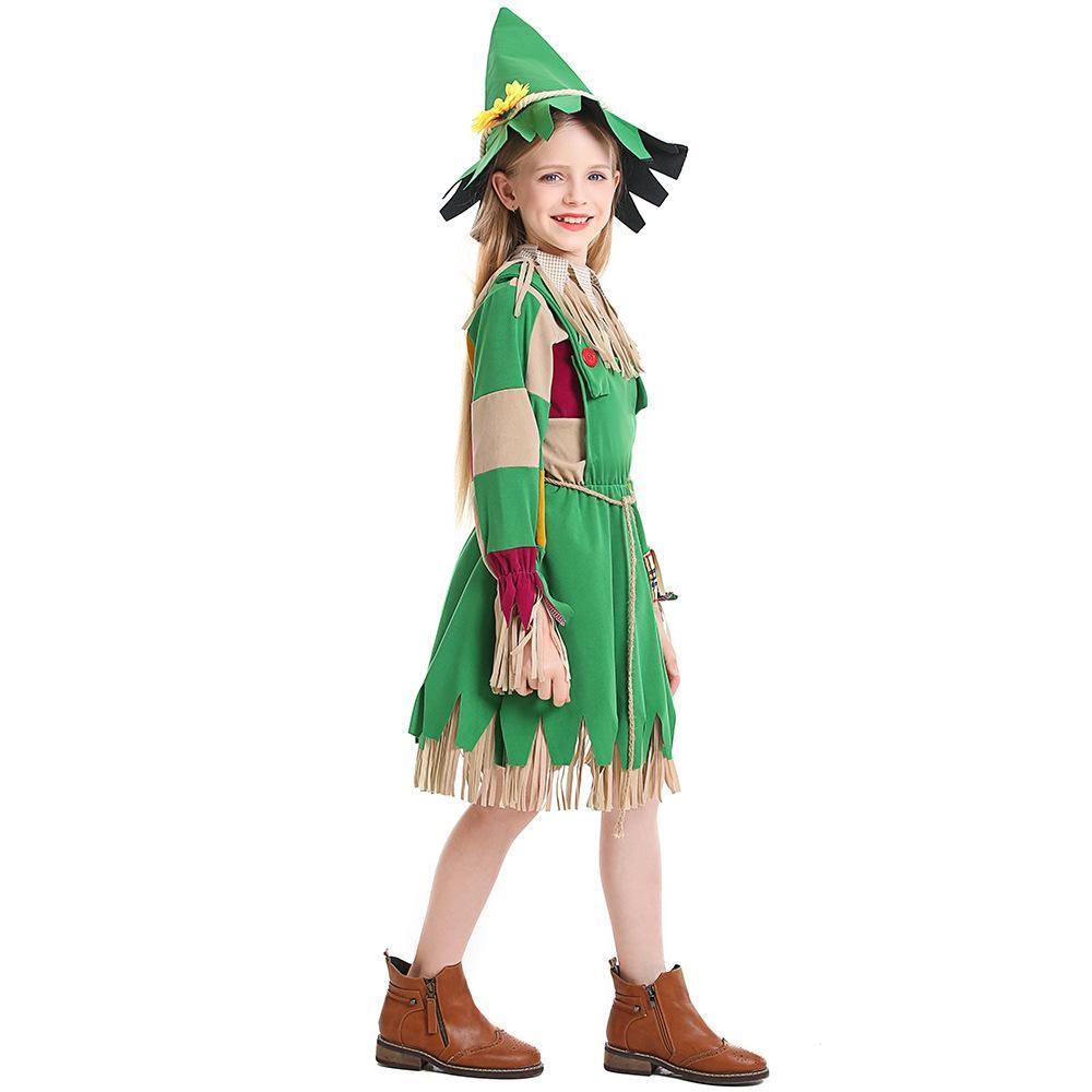 green girl fringed puppet scarecrow costumes dress for Kids