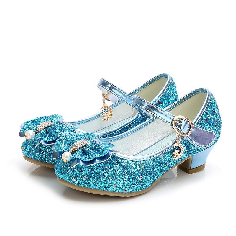 Girls Chunky Glitter Rock Bow Mary Jane Heels Dress Shoes