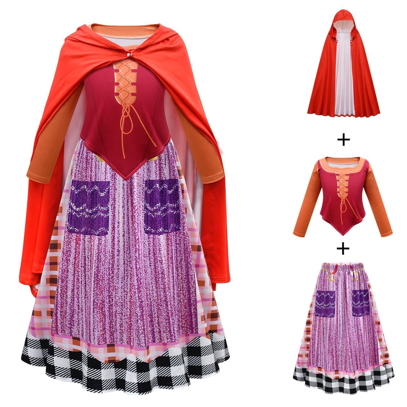 Girls' Hocus Pocus Mary Sanderson Cosplay Costumes Halloween long dress cape Outfit For Kids