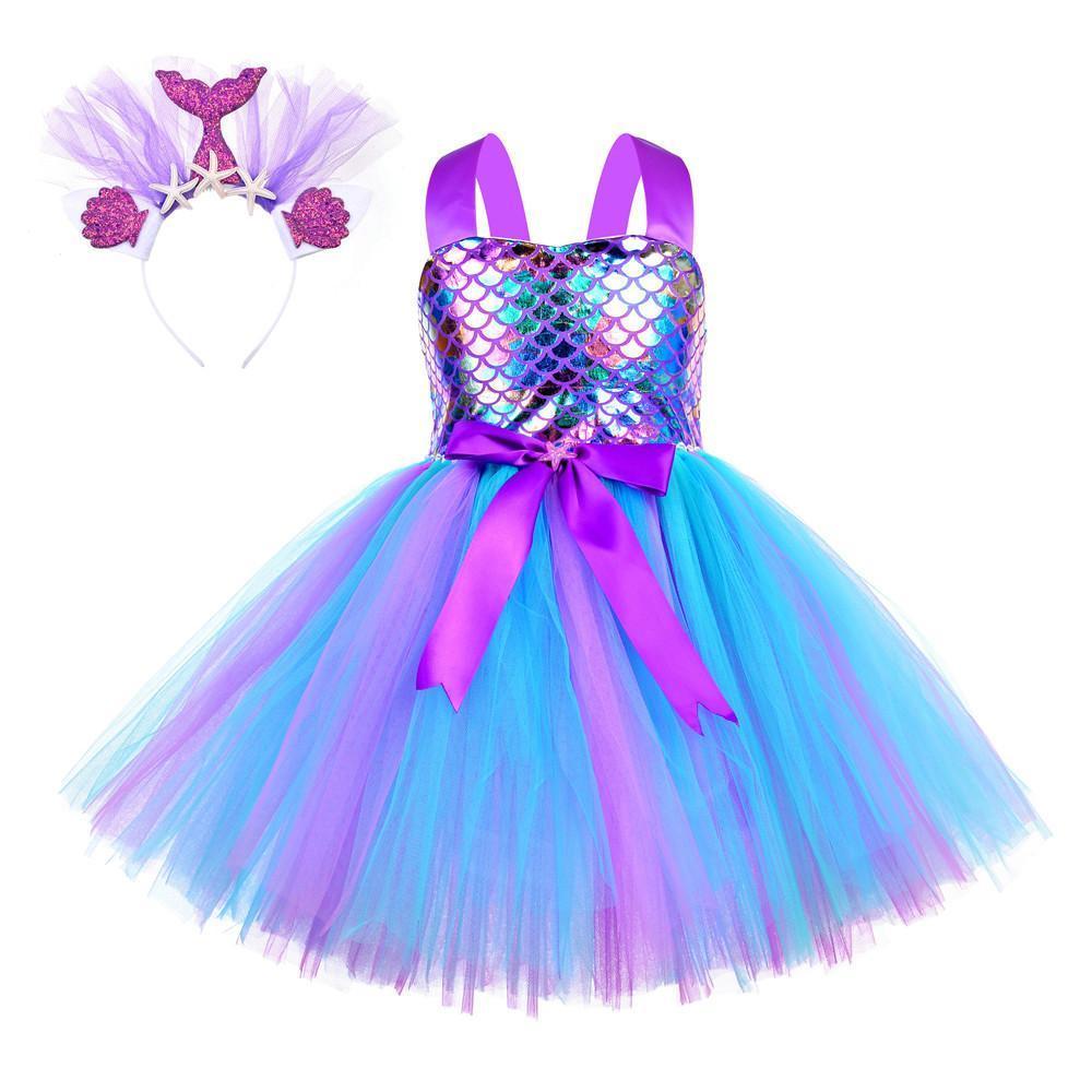 Kids Mermaid Tutu Birthday Party Mermaid Costume Sequins Blue Dress