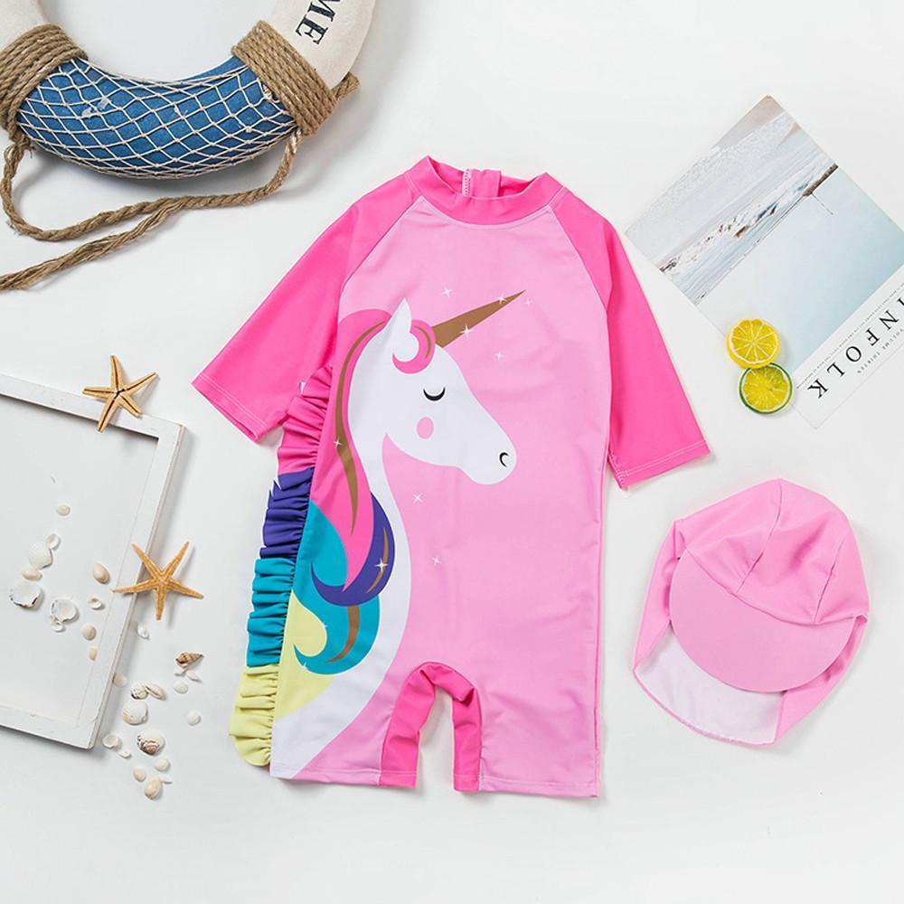 Girls One Piece Swimsuit Long Sleeve Unicorn Bathing Zip Suit with Hat
