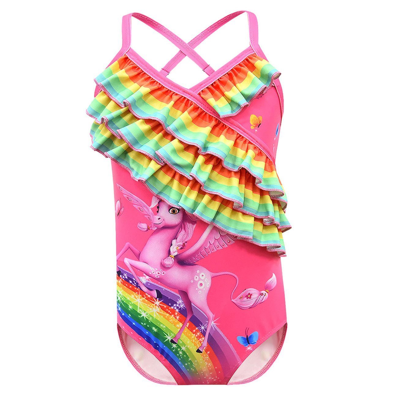 Girls One Piece Swimsuits unicorn Print Ruffle Swimwear Cross-strap sling Swimwear