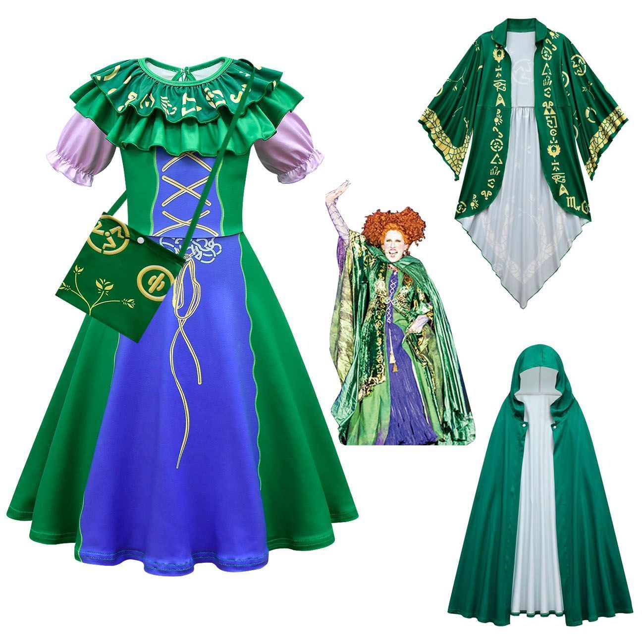 Green Hocus Pocus Winifred Sanderson Cosplay Suit Costume Dress Outfits for kids - Azufun