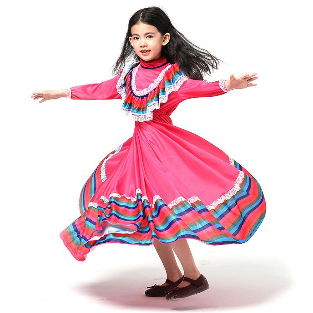 Traditional Mexican Rose Red Cosplay Costume Long Skirt Dance Halloween Party Game Dress for Girls