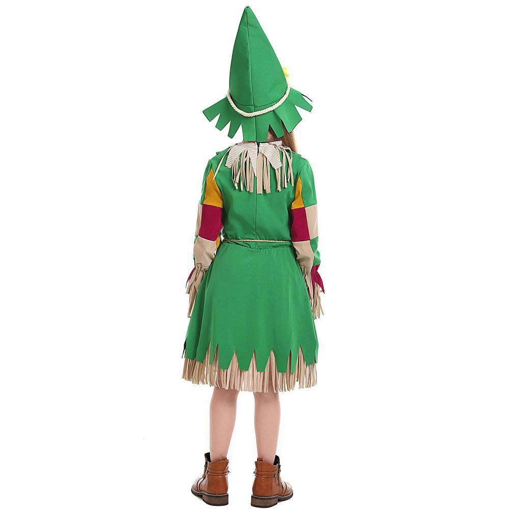 green girl fringed puppet scarecrow costumes dress for Kids - Azufun