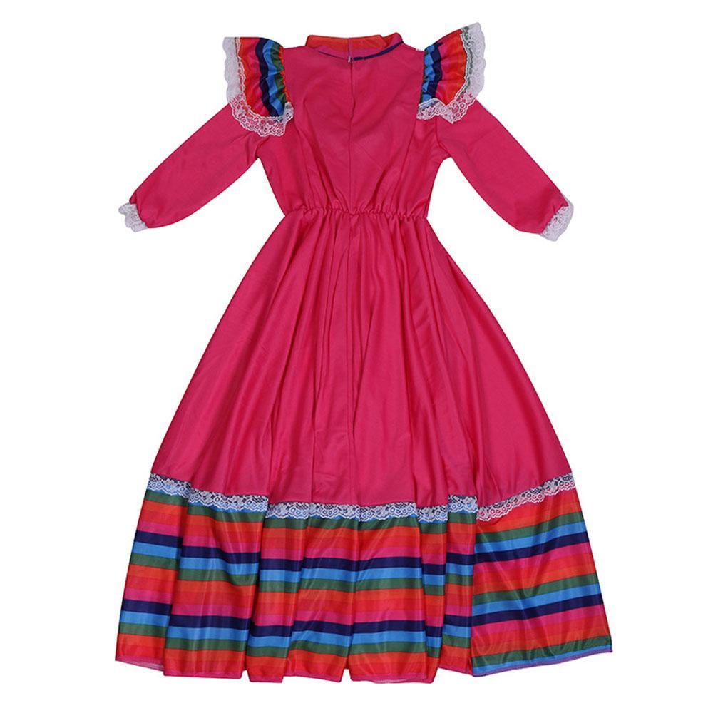 Traditional Mexican Rose Red Cosplay Costume Long Skirt Dance Halloween Party Game Dress for Girls
